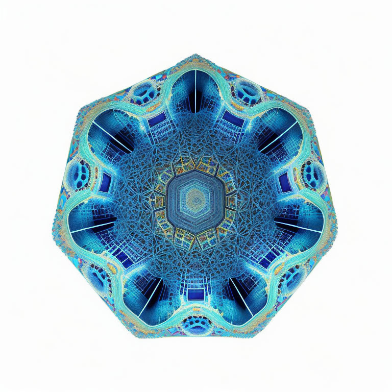 Symmetrical Hexagonal Digital Fractal Art in Blue and Gold