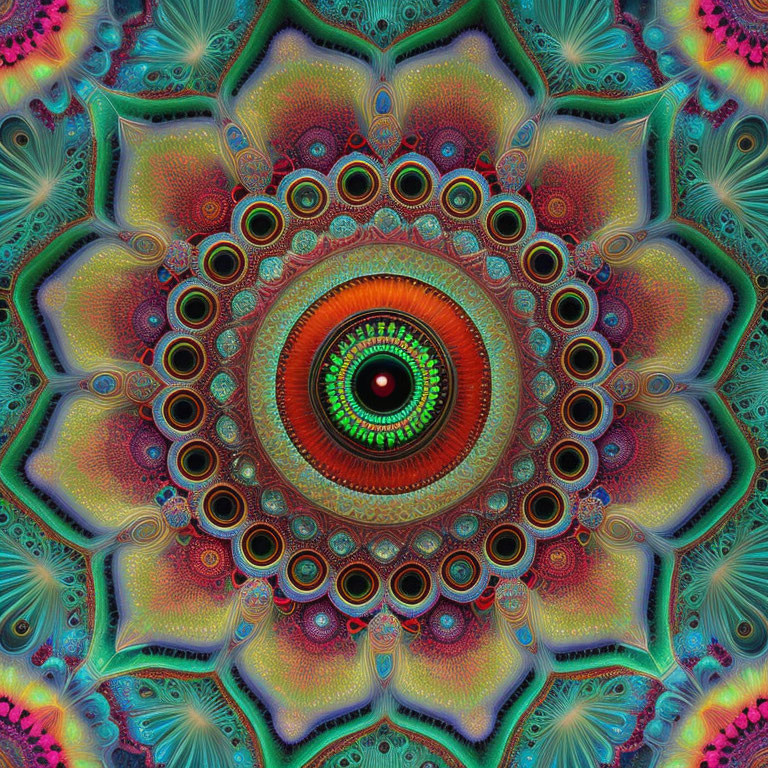 Colorful symmetrical mandala pattern with central green and red eye and intricate textures.
