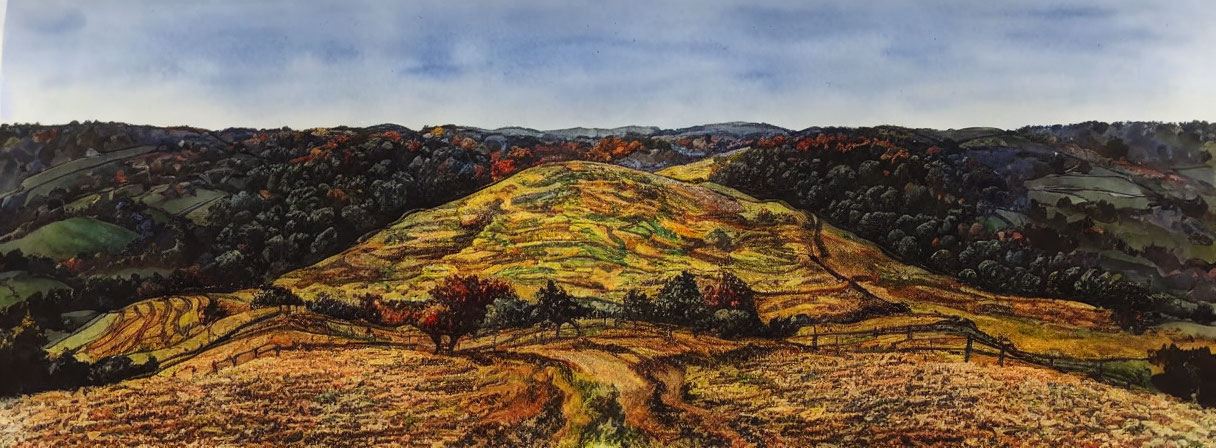 Autumnal landscape painting of rolling hills under cloudy sky