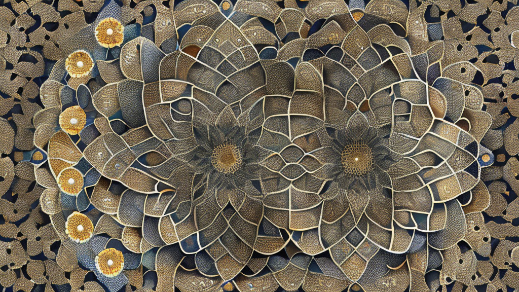 Intricate Fractal Design: Layered Golden Floral Patterns on Dark Background
