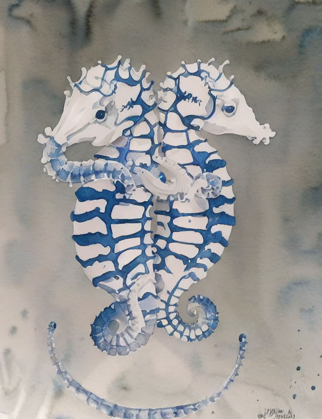 Blue seahorses in intricate patterns on soft blue and gray backdrop