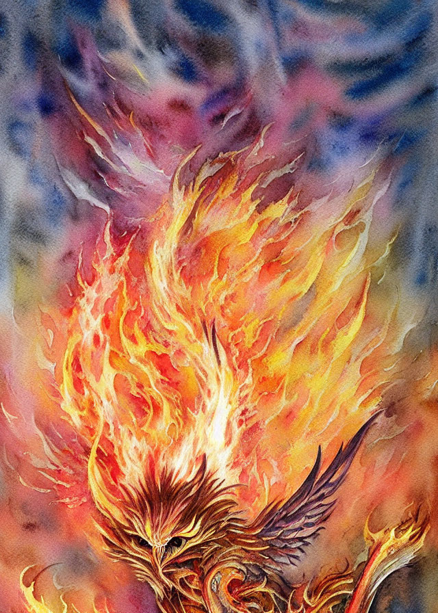 Colorful Watercolor Painting of Mythical Phoenix in Fiery Hues