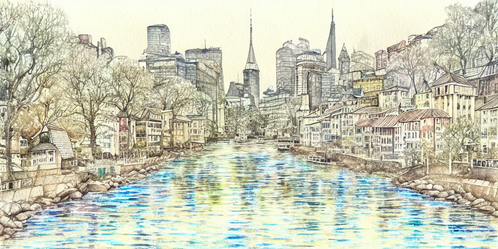 Serene river painting with traditional and modern architecture