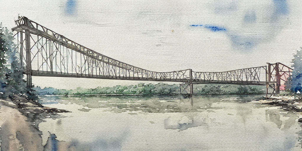 Truss bridge watercolor painting with river and trees