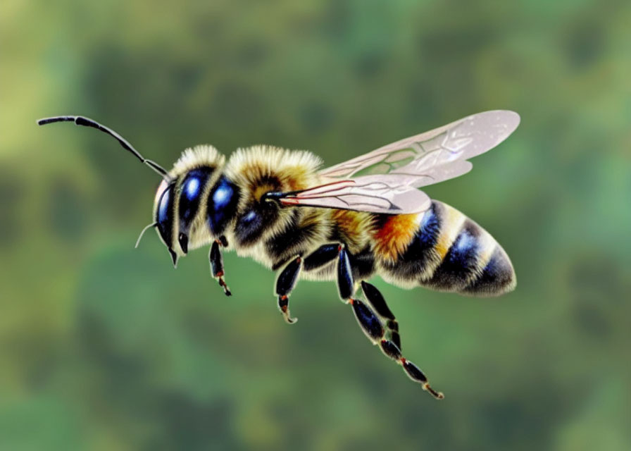 Detailed close-up of bee in flight with blue-patterned eyes, delicate wings, and striped abdomen.