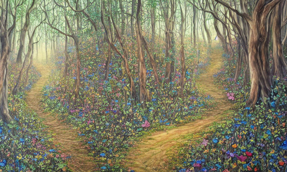 Vibrant forest scene with split path and colorful flowers in haze