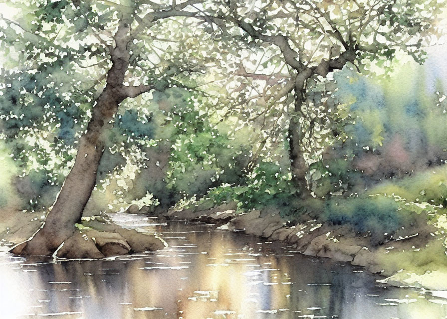 Serene watercolor painting of stream and trees
