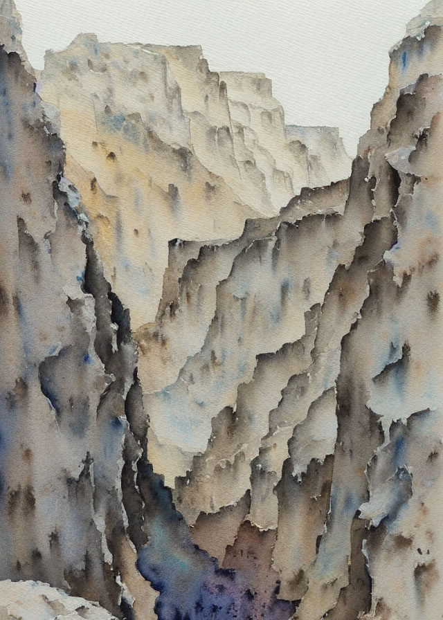 Rugged Canyon Watercolor Painting with Layered Rock Formations