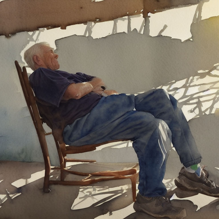 Elderly man relaxing in a rocking chair under dappled sunlight