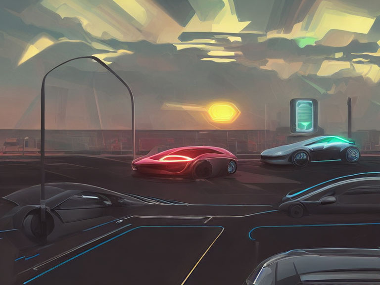 Futuristic cityscape with sleek cars and neon accents.