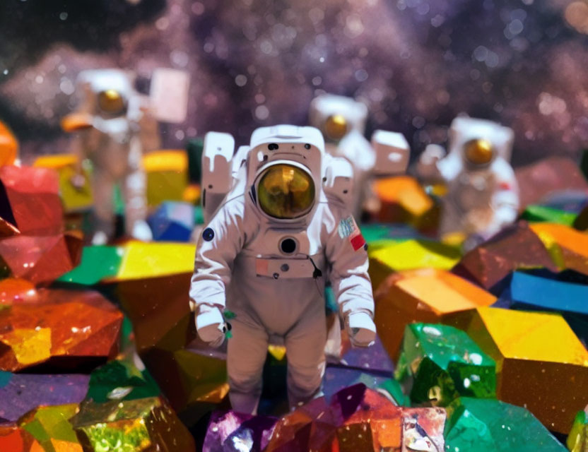 Colorful Gem-Like Structures Surround Astronaut Figurine