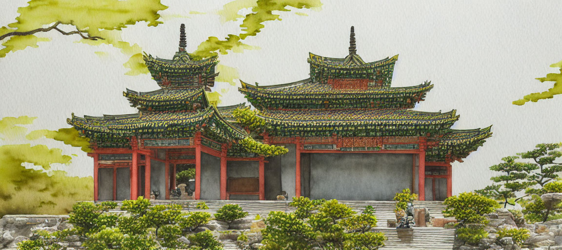 East Asian Temple with Upturned Eaves Amid Rocks and Greenery