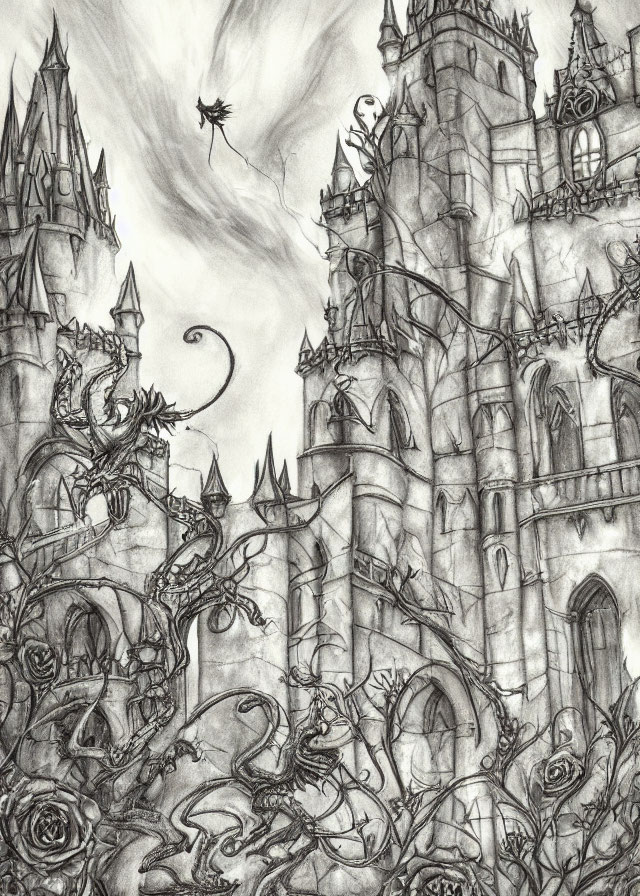 Detailed Pencil Sketch of Gothic Fantasy Castle with Spires, Thorny Vines, and Dragon Creature
