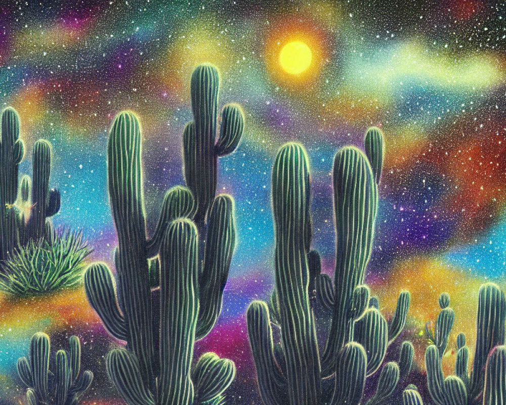 Desert landscape with saguaro cacti under starry night sky