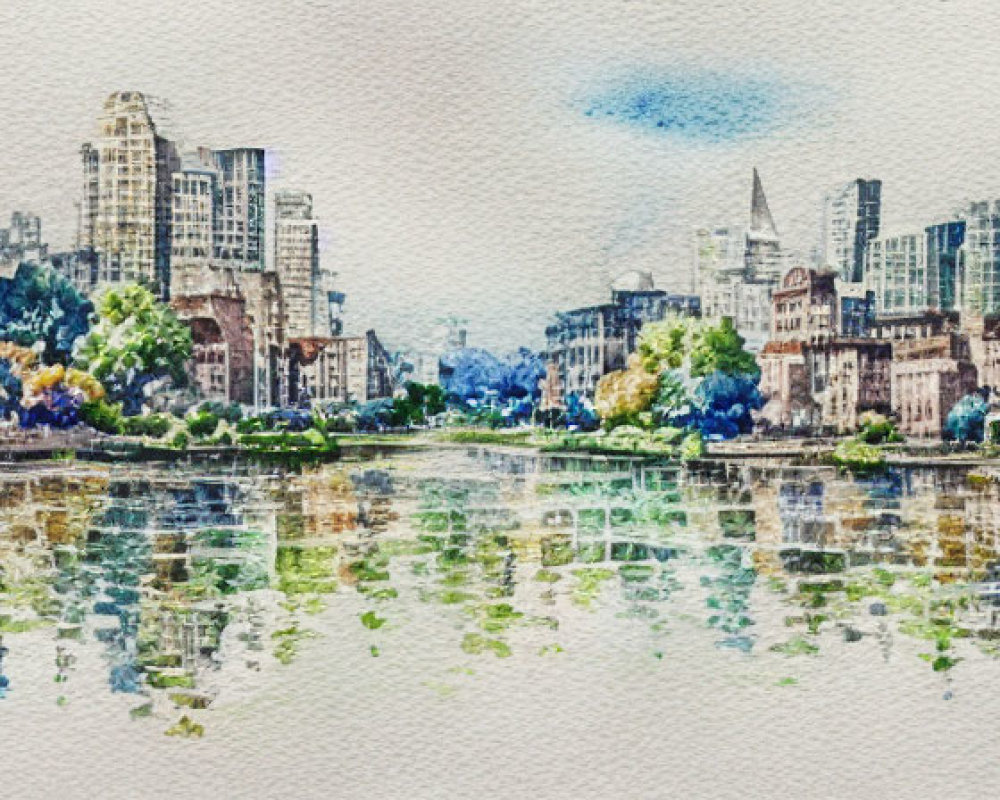 Urban skyline watercolor painting with buildings reflected in river calm water.