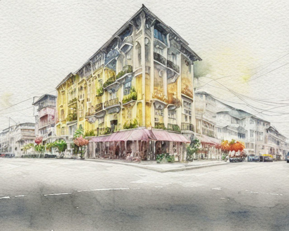 European-style buildings and café in watercolor street scene