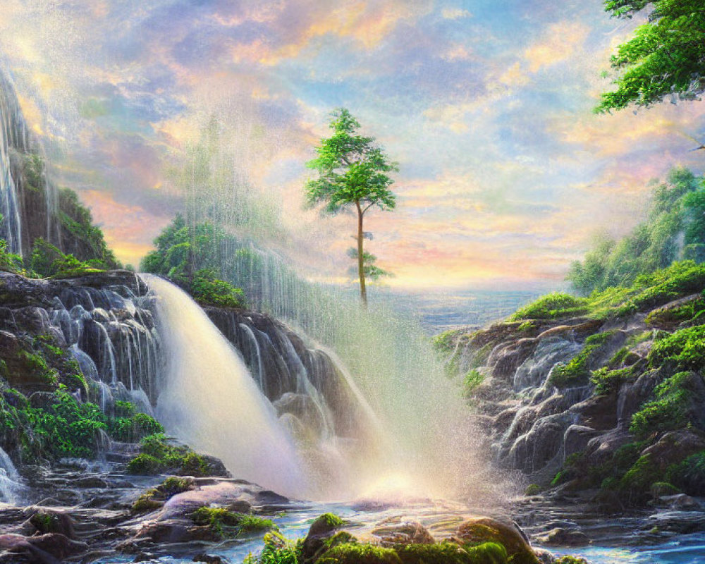 Scenic landscape with multiple waterfalls, lush greenery, and sun rays over a river