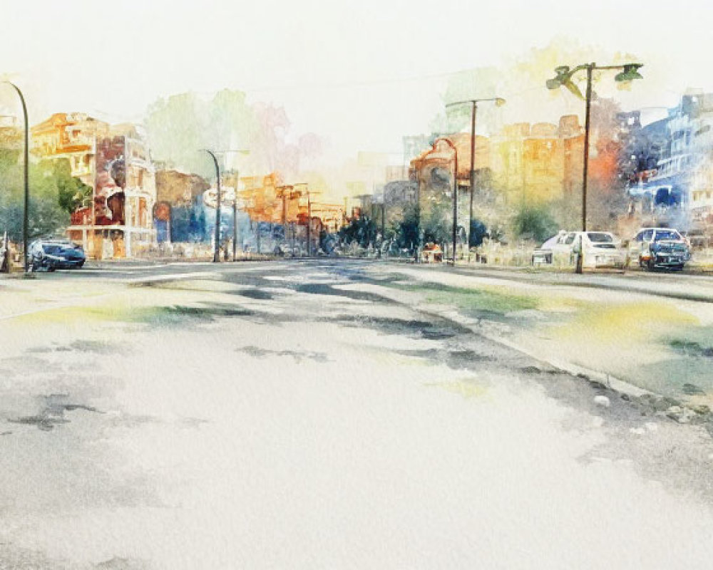 Sunlit Watercolor Cityscape with Reflective Street