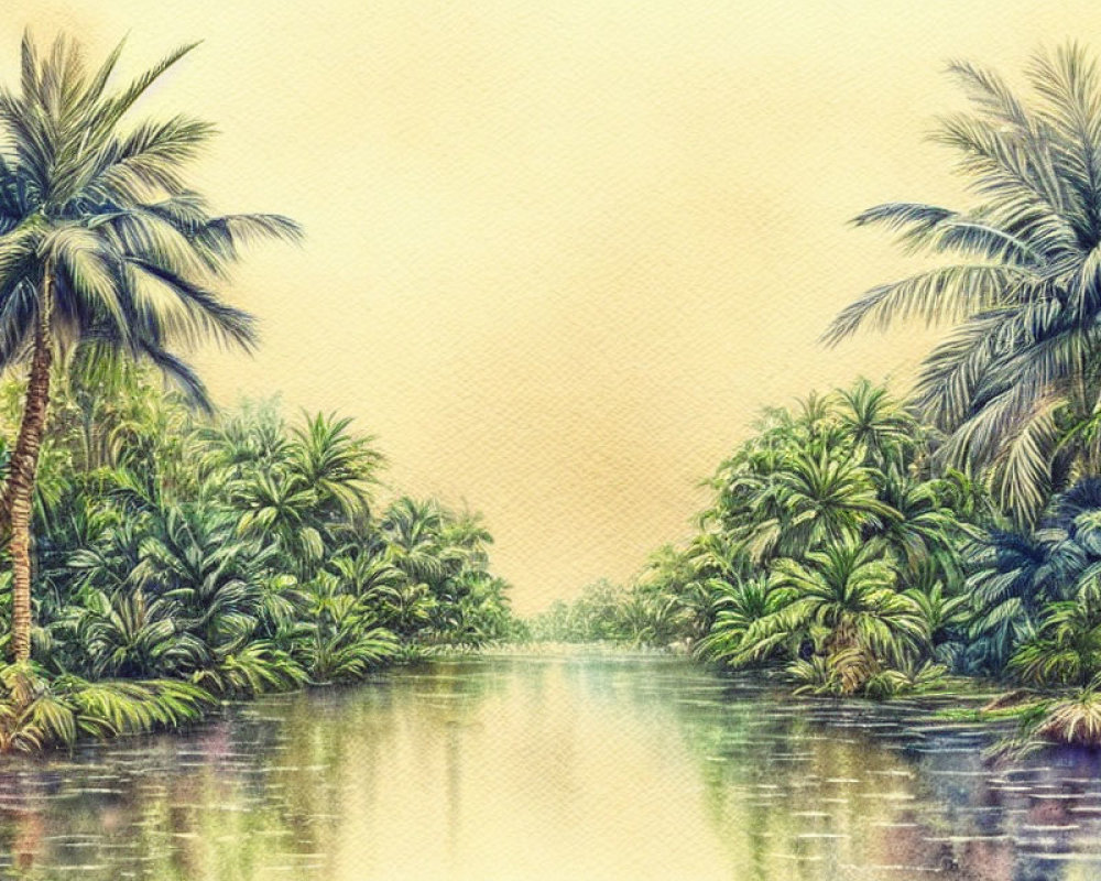 Tranquil tropical river with palm trees and foliage reflecting on calm water