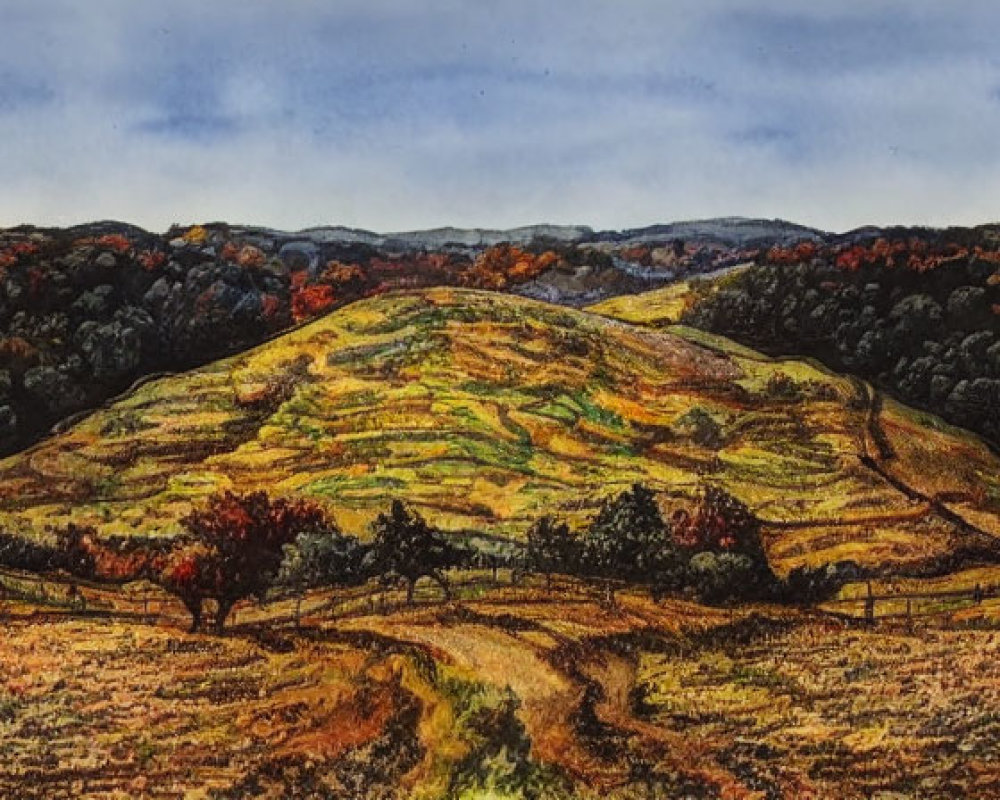 Autumnal landscape painting of rolling hills under cloudy sky