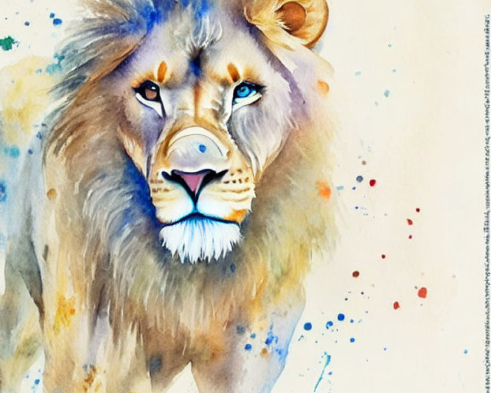 Colorful Watercolor Painting of Lion's Face in Blues, Yellows, and Browns