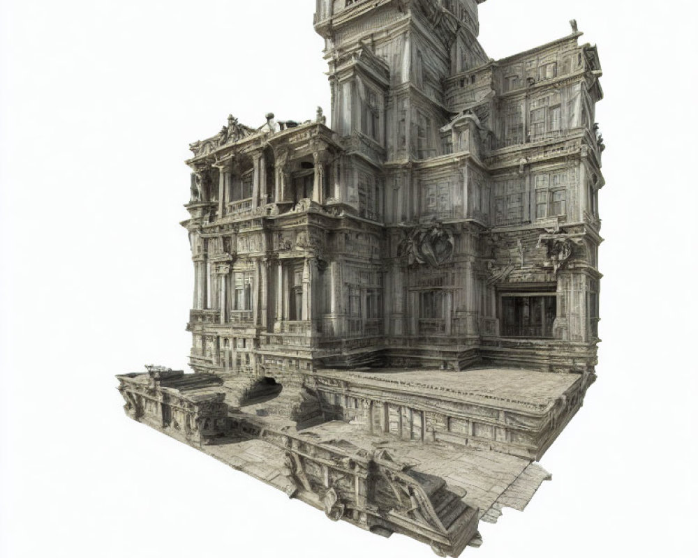 Detailed 3D Rendering of Floating Classical Architectural Structure