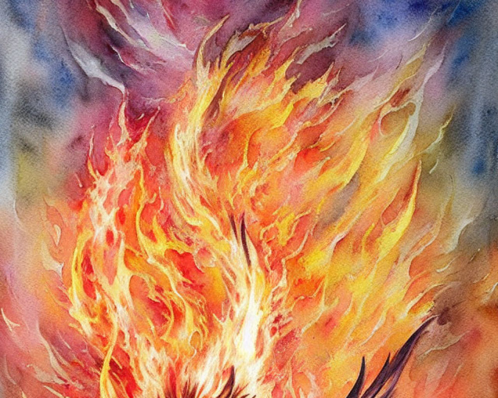 Colorful Watercolor Painting of Mythical Phoenix in Fiery Hues