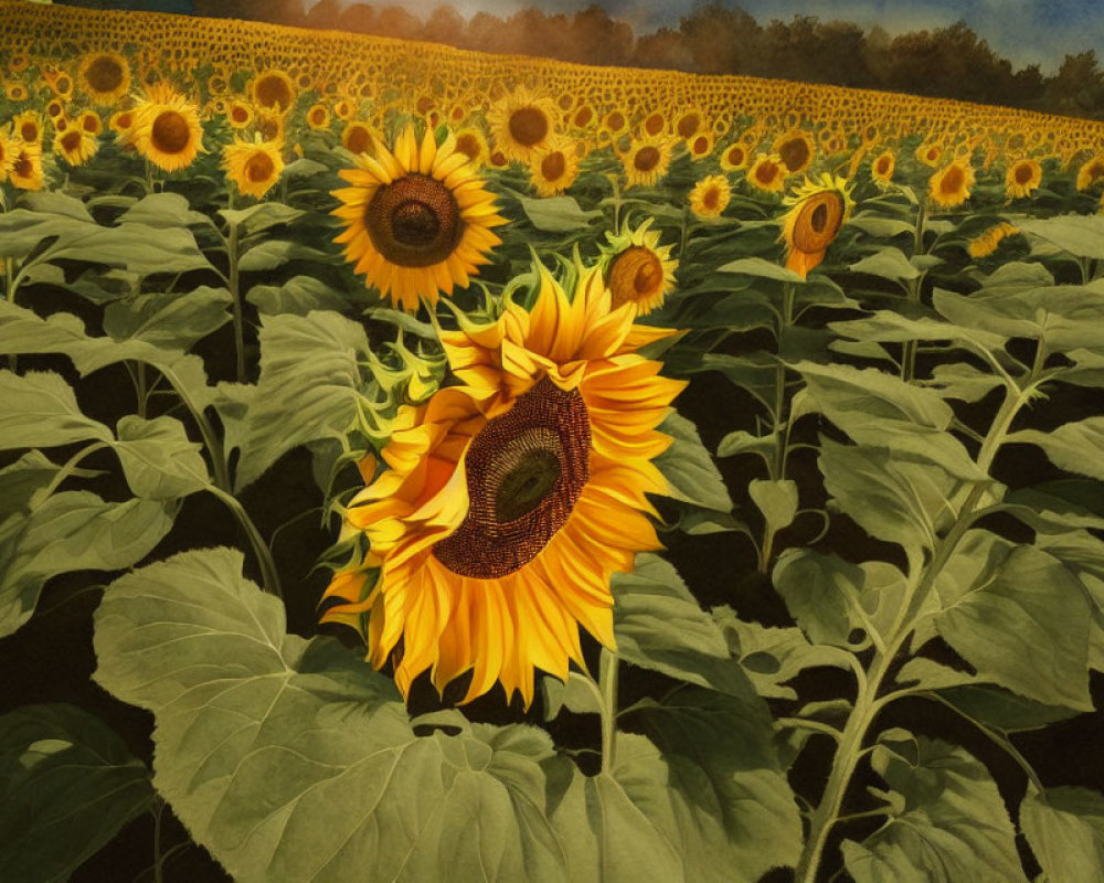 Vibrant sunflower in vast field under dusky sky
