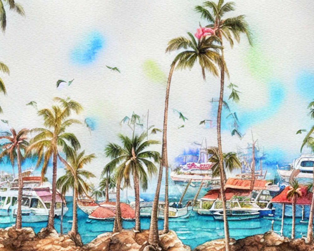 Tropical Marina Watercolor with Boats and Palm Trees