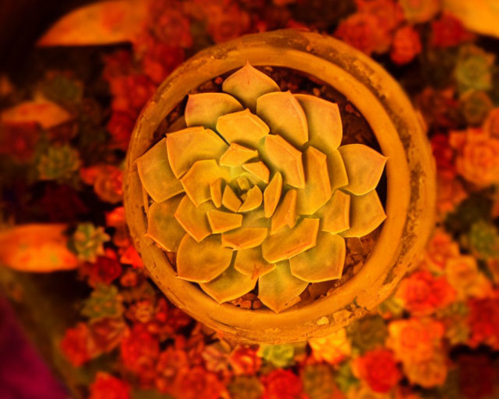 Green succulent plant in terracotta pot with red-orange flowers under soft light