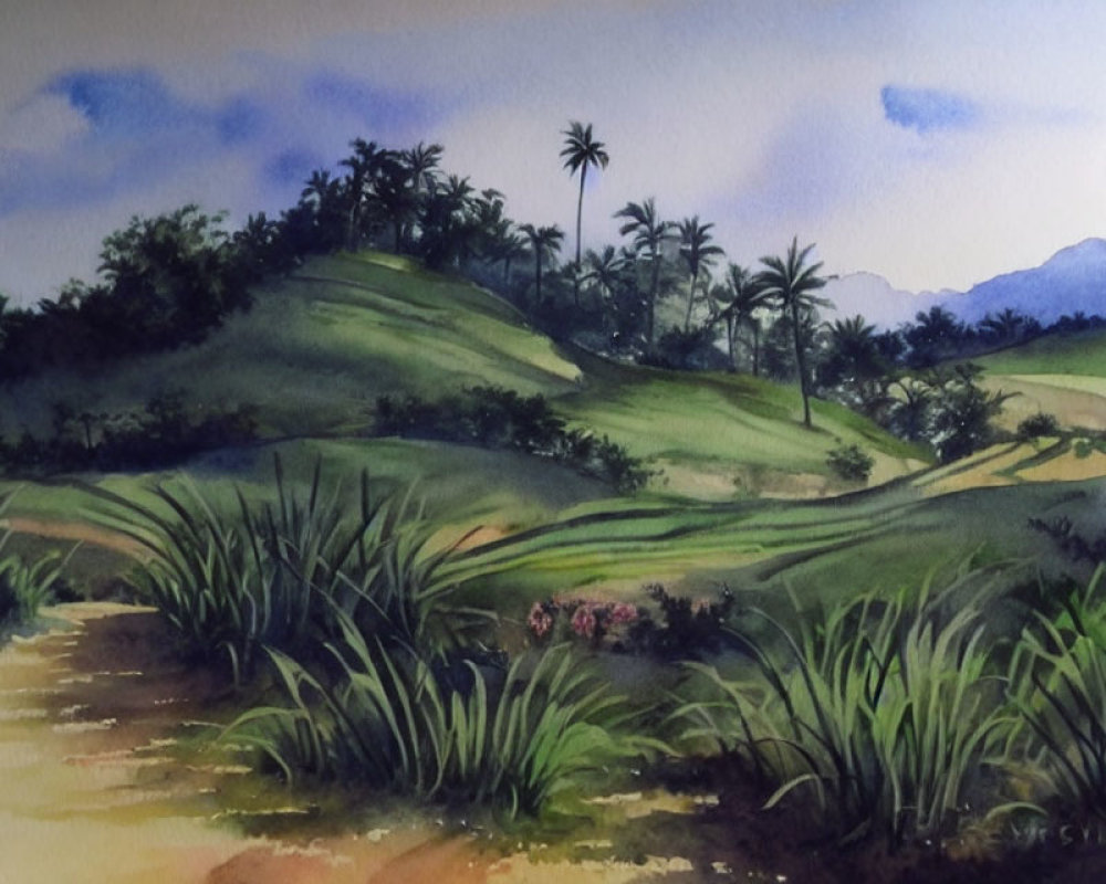 Tranquil watercolor landscape of green hills, palm trees, and a serene path