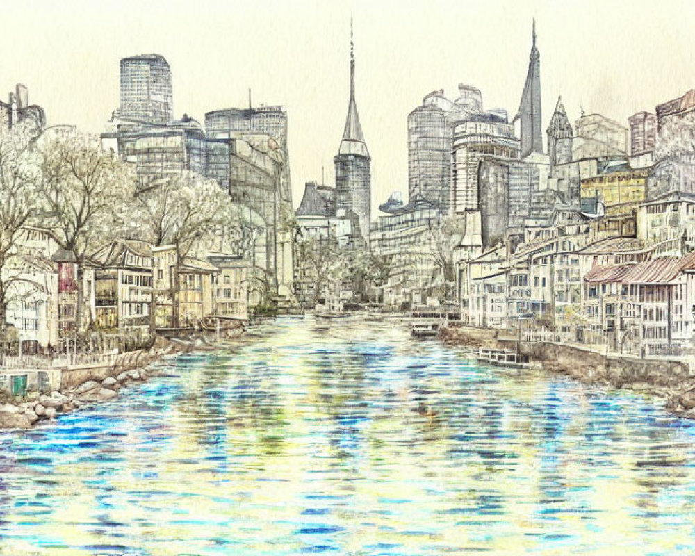 Serene river painting with traditional and modern architecture