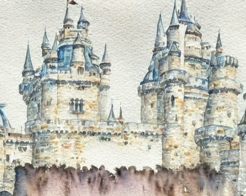 Elaborate Fantasy Castle Watercolor Painting on Textured Paper