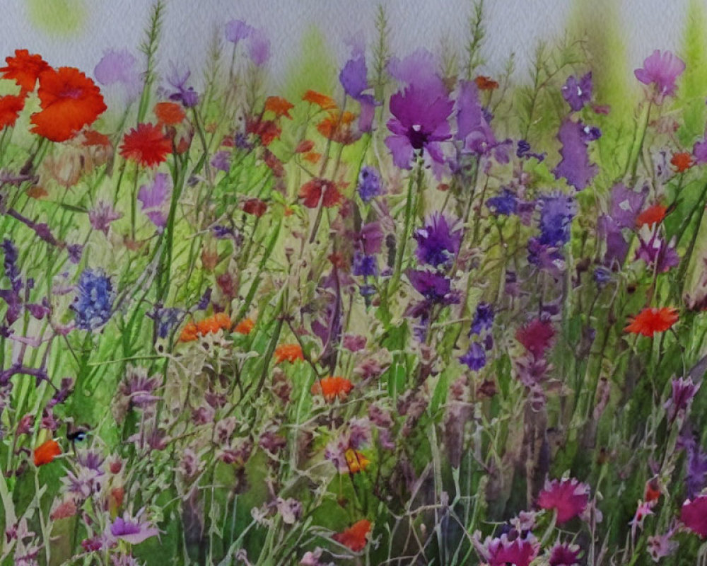 Colorful Watercolor Painting of Diverse Flowers in Red, Purple, and Blue