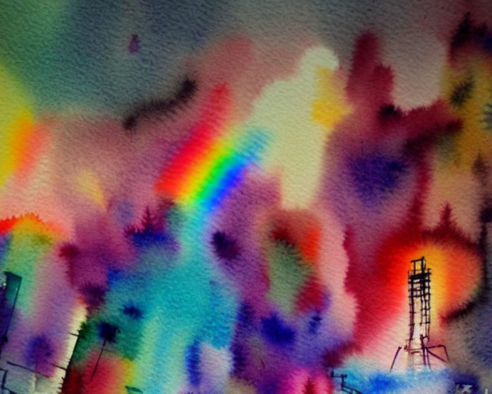 Colorful Watercolor Abstract with Urban Silhouettes and Tower