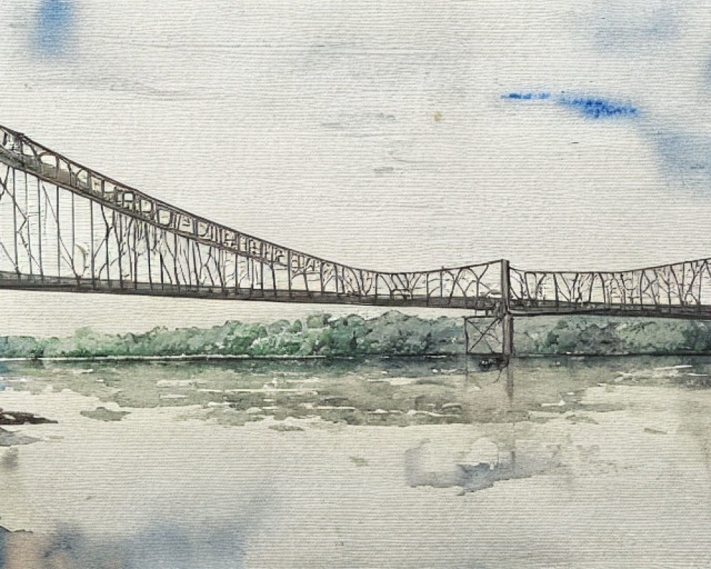 Truss bridge watercolor painting with river and trees
