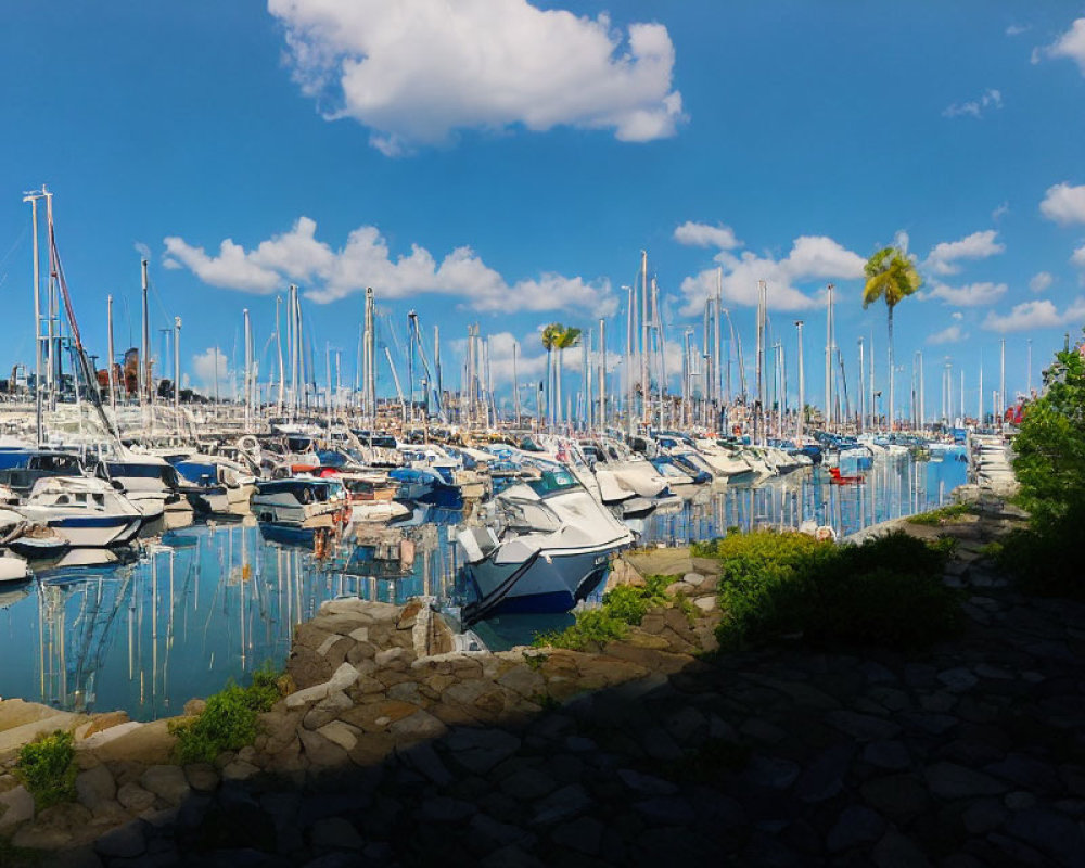 Tranquil marina with sailboats under blue sky and palm tree