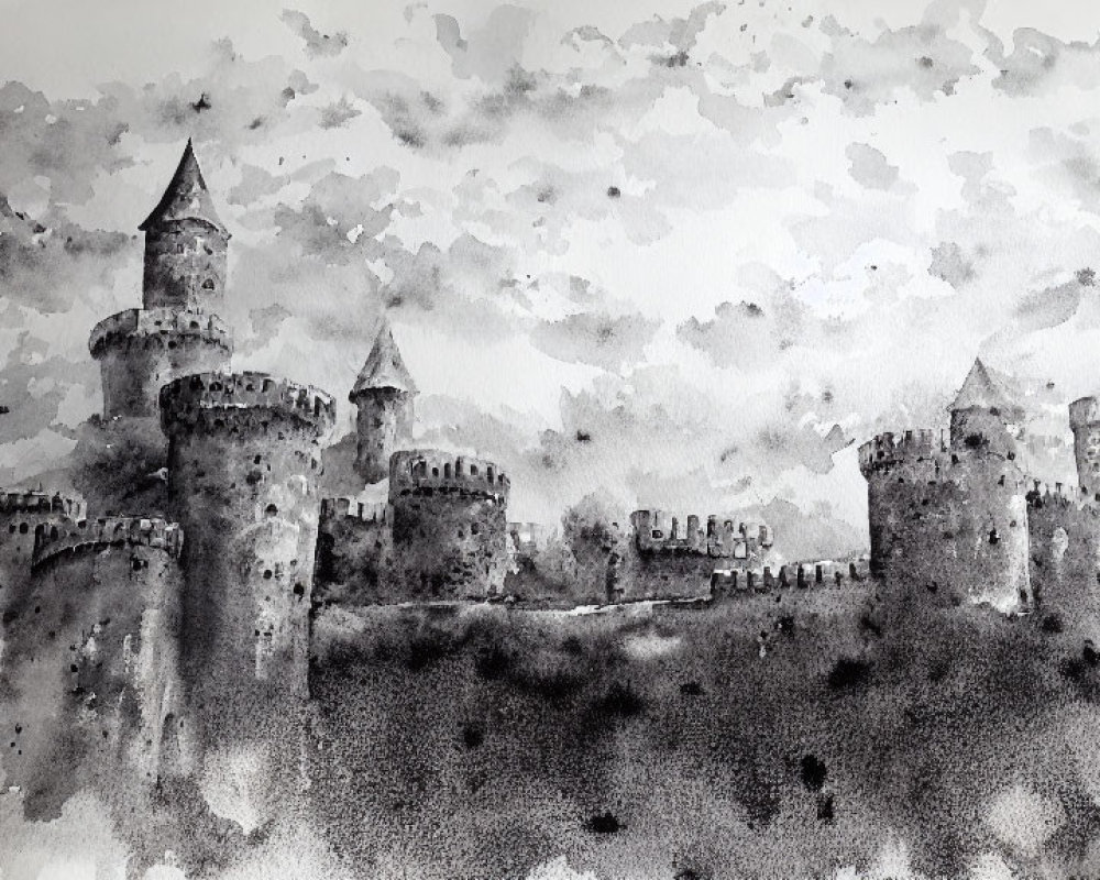 Monochromatic watercolor painting of medieval castle under cloudy sky