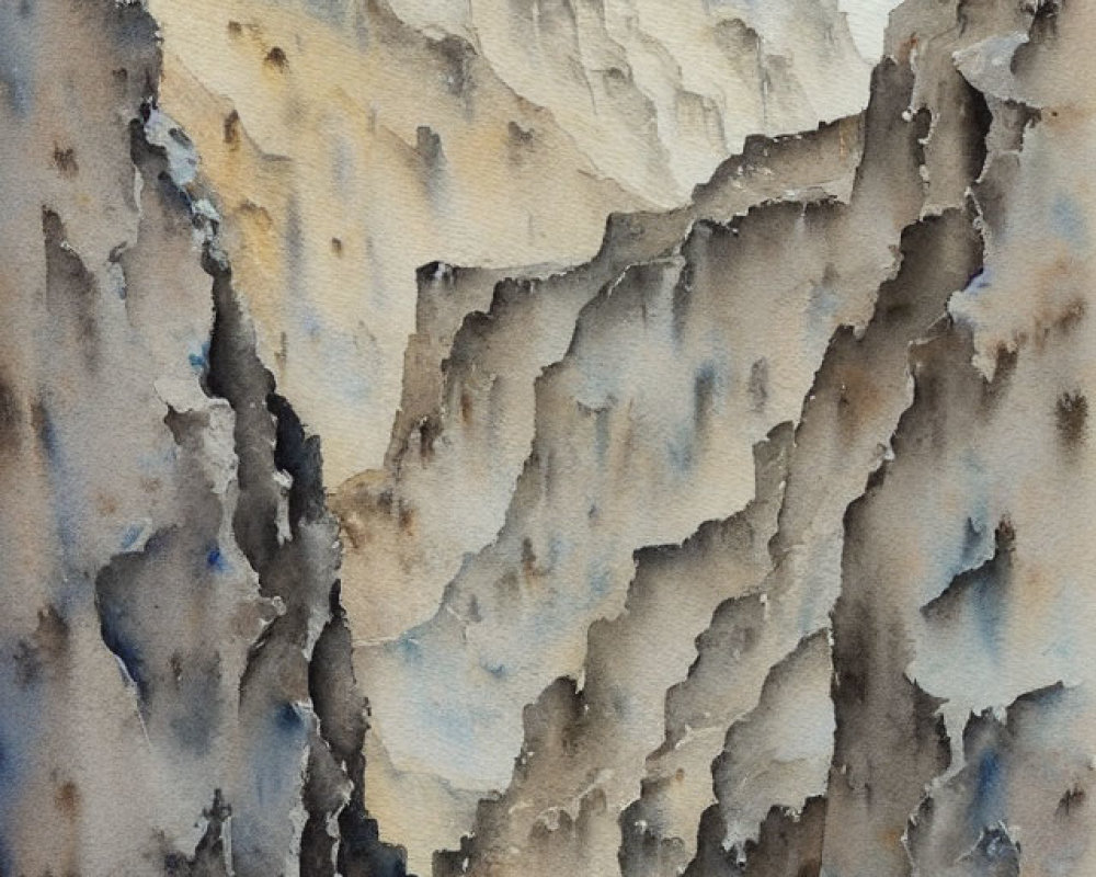 Rugged Canyon Watercolor Painting with Layered Rock Formations
