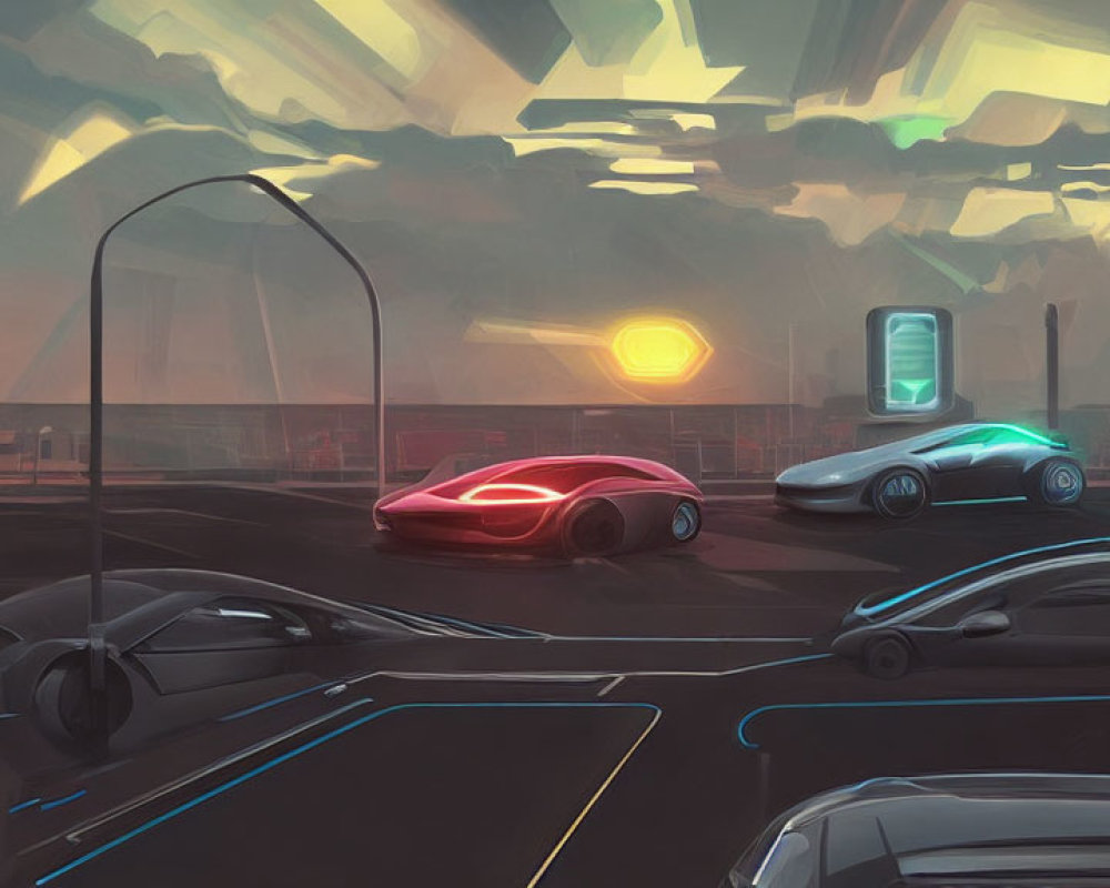 Futuristic cityscape with sleek cars and neon accents.