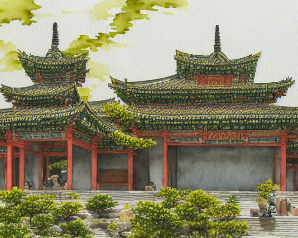 East Asian Temple with Upturned Eaves Amid Rocks and Greenery