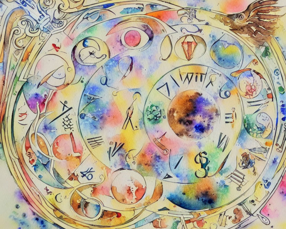 Vibrant Zodiac Wheel Watercolor Painting with Astrological Signs