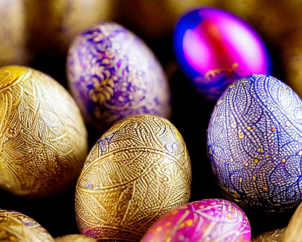 Elaborately Decorated Eggs in Golds and Purples for Festive Occasions