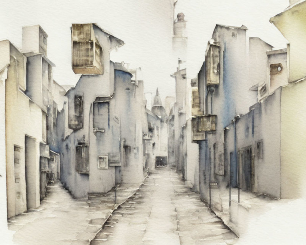 Quaint narrow street watercolor painting with old buildings and distant church steeple