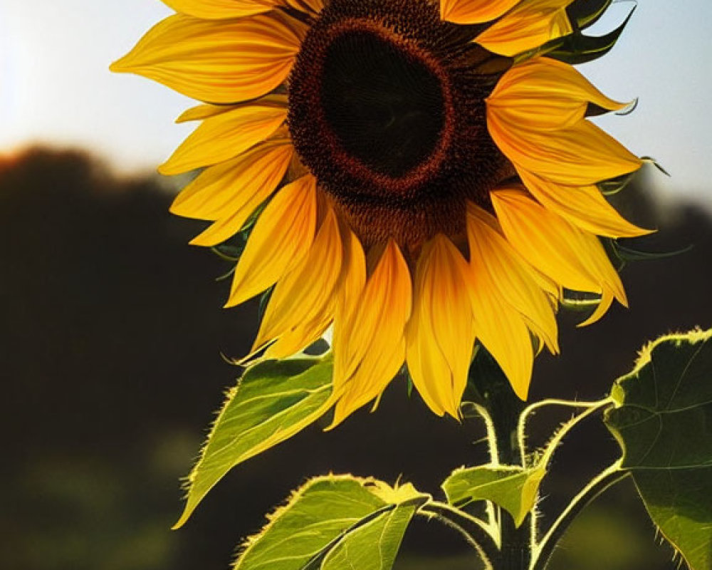 Bright yellow sunflower with dark center in soft-focus greenery and evening sunlight