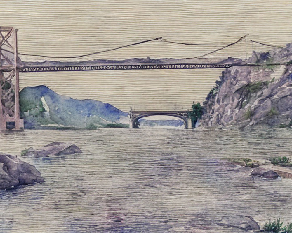 Serene watercolor landscape with suspension bridge