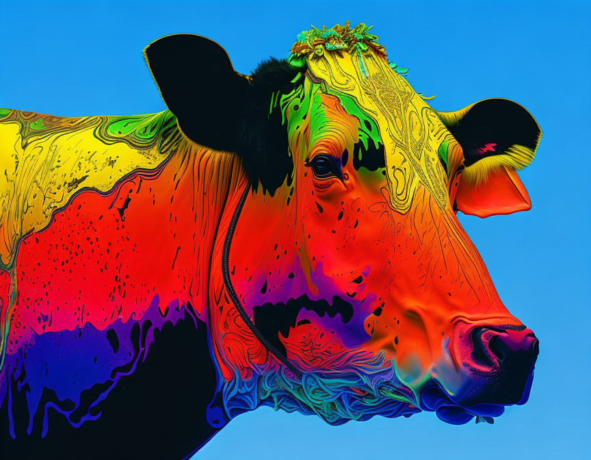 Colorful Cow Head Artwork on Blue Background with Psychedelic Patterns
