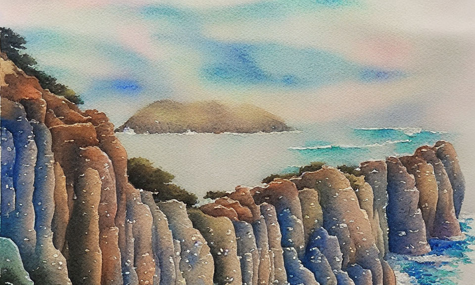 Serene coastal cliffs watercolor painting landscape
