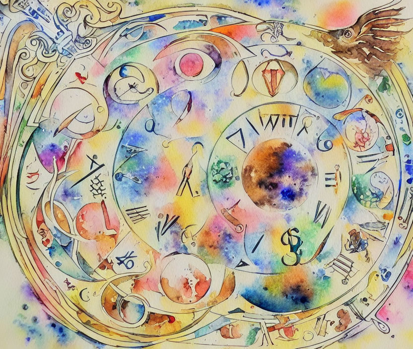 Vibrant Zodiac Wheel Watercolor Painting with Astrological Signs
