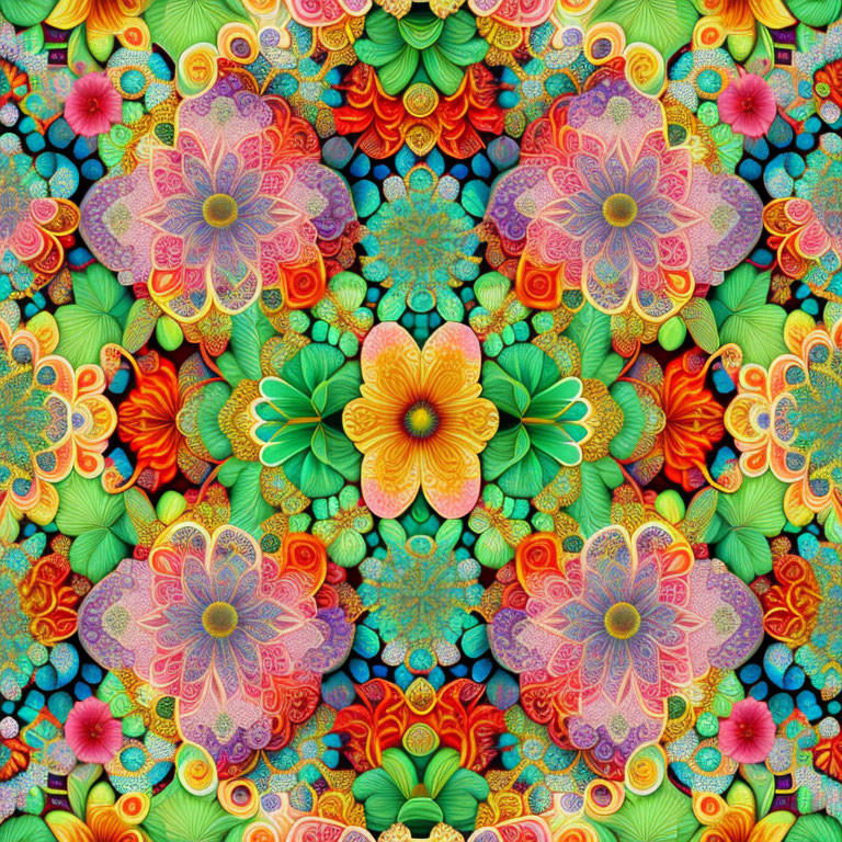 Symmetrical digital artwork with vibrant floral patterns